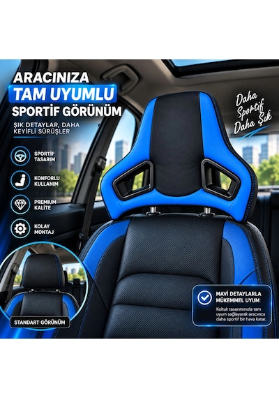 Universal Araç Koltuk Kafalığı Spor Yarış Tipi Lüx Deri Oto Başlık-mavi Mavi Siyah