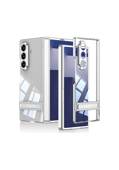 Samsung Uyumlu Galaxy Z Fold 7 Kılıf Kamera Korumalı Şeffaf Tasarımlı Zore Standlı Kapak Gümüş