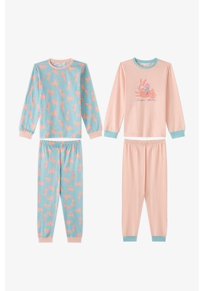 Penti Kız Çocuk Mint Bunny Ride Pamuklu Uzun Kollu 2li Pijama Takımı