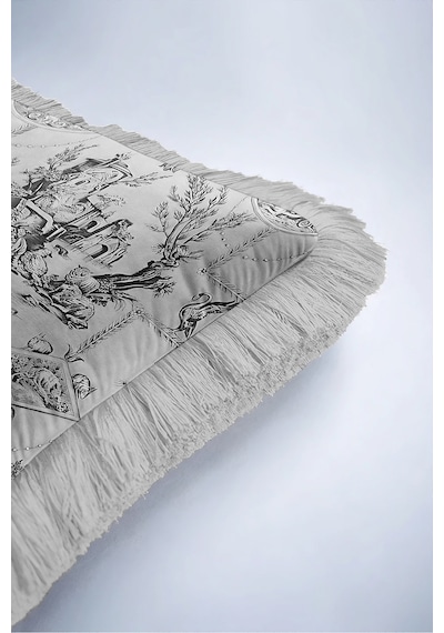 Vintage Toile De Jouy Saçaklı Yastık Kılıfı - Klasik Pastoral Gri Krem Vizon Püsküllü Kırlent Kılıfı Kahverengi