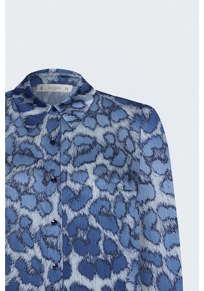 Sateen Leopar Desenli Klasik Gömlek - Lacivert-137939
