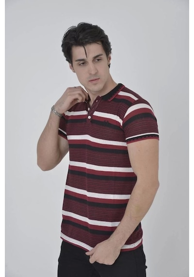 Erkek Yakalı Slim Fit Dokuma Çizgili T-shirt - Bordo Bordo