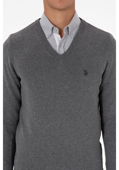 U.S. Polo Assn. Erkek Slim Fit V Yaka Gri Melanj Basic Triko Kazak 50313662-VR086