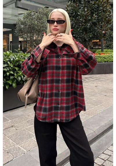 Madmext Kırmızı Oversize Ekose Desenli Kadın Gömlek Mg2589 Kırmızı