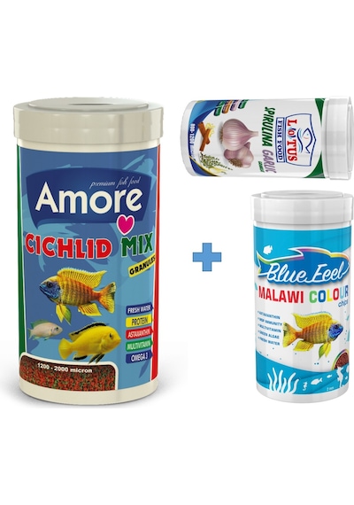 Cichlid Mix 1Lt Malawi Colour 250ml Spirulina Garlic 100ml Kutu