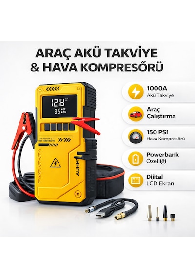 Taşınabilir Araç Akü Takviye Ve Hava Kompresörü 10000mah 150 Psı Jump Starter Powerbank Led