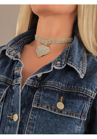 Sallantılı Kalp Model Rhinestone Choker Tasma Model Gümüş Renk Kolye Silver Çok Renkli