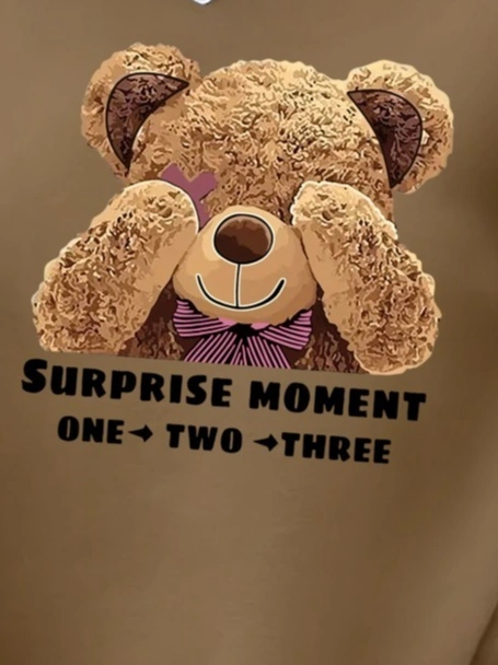 Emh Store Kadın Uzun Kollu Bisiklet Yaka Ayıcık Desenli Viskon Iki Iplik Bluz Kahve