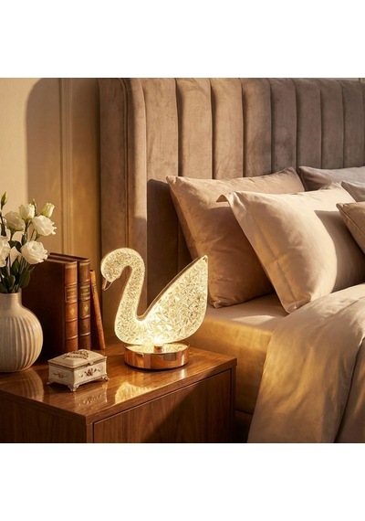Buffer Kuğu Model Kristal Led Masa Lambası Dokunmatik, 3 Renk Işık Modlu, Şarjlı Mini Dekoratif Gece Lambası Bronz
