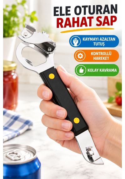 Metal Kavanoz Kapağı Ve Konserve Açacağı Siyah Saplı Çok Amaçlı Pratik Kapak Açıcı Gümüş