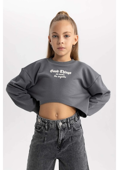 Defacto Kız Çocuk Baskılı Crop Bisiklet Yaka  Sweatshirt Askılı Atlet 2'li Takım B2517A823WNGR449 Gri