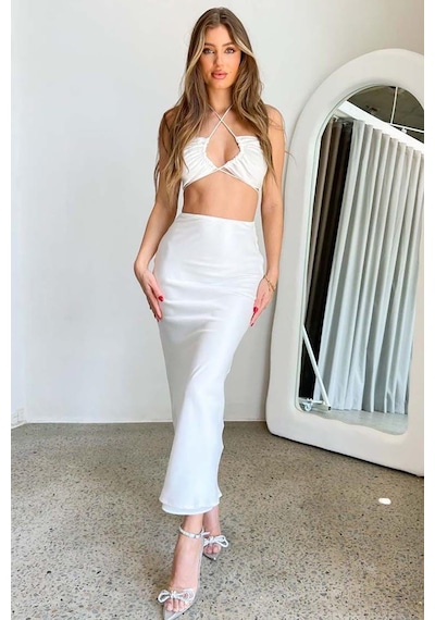 Seeh Beyaz Midi Saten Etek Sh214 Düz Renk