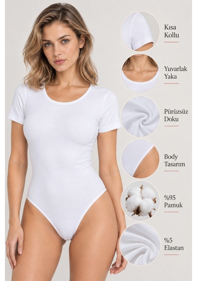 Loule Kadın Kısa Kollu Bisiklet Yaka Pamuklu Alttan Kancalı Body Beyaz