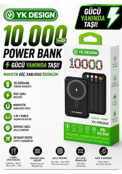 Yk Desıgn Pb-5068 10.000 Mah 22.5w Magsafe Powerbank Siyah
