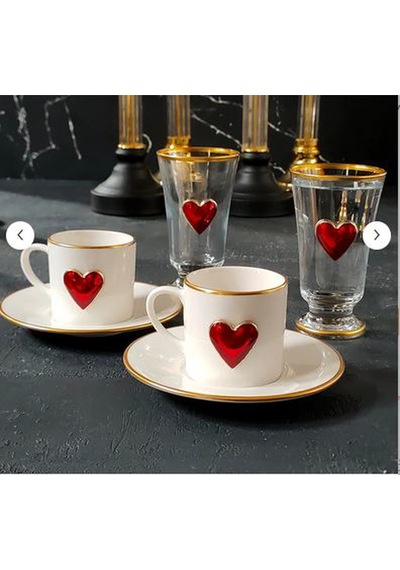 Regna Home Fine Living Love 2 Kişilik Dekorlu Kahve Yanı Su Bardaklı Kadehli 6 Parça Kahve Fincan Takımı Beyaz