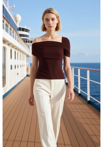 Benerly Kadın Bluz Slim Fit Asimetrik Yaka Tek Kısa Kol Örme Kumaş Büzgül Kahverengi Benerly Kadın Bluz Slim Fit Asimetrik Yaka Tek Kısa Kol Örme Kumaş Büzgül Kahverengi