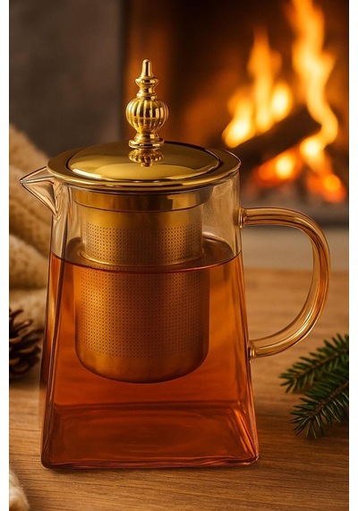 Borosilikat Cam Amber Demlik 750ml Süzgeçli Bitki Demliği Şeffaf