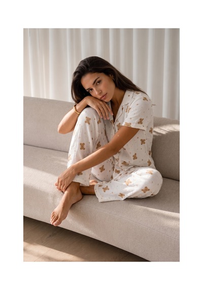 Fit Women Kadın Loose Uzun Paça Pamuk Kırık Beyaz Pijama Takımı