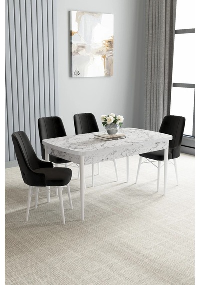 Zümra Serisi, Beyaz Mermer Desen 80x132 Açılabilir Mdf Mutfak Masası Takımı 4 Adet Sandalye Siyah Zümra Serisi, Beyaz Mermer Desen 80x132 Açılabilir Mdf Mutfak Masası Takımı 4 Adet Sandalye Siyah