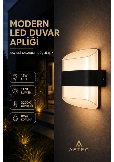 Astec Elit 12w Kavisli Elektrikli Led Duvar Aplik 3200k Gün Işığı İç Dış Mekan Balkon Bahçe Su Toz Geçirmez
