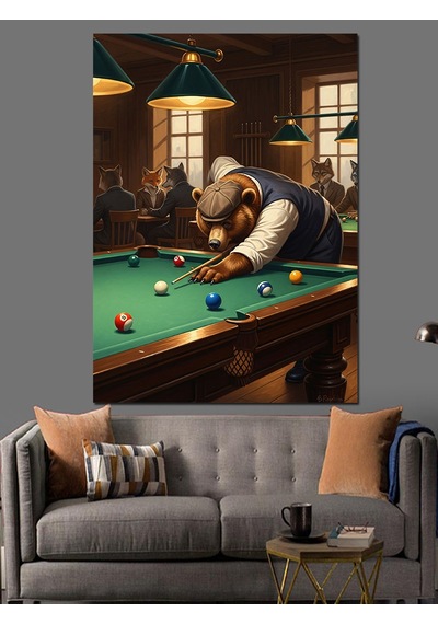 Bilardo Masasında Düşünen Ayı Figürü Dekoratif Kanvas - Mdf Ahşap Tablo