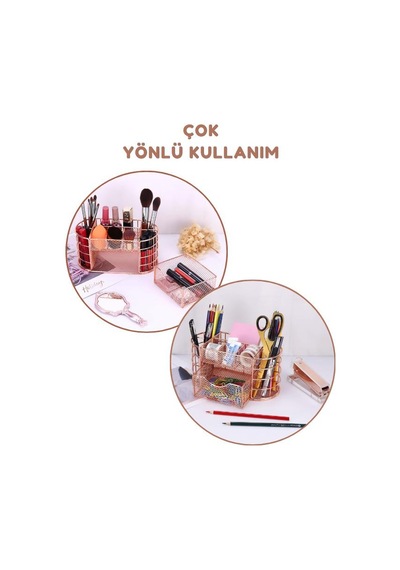 Temel Rose Gold Metal Mesh Masaüstü Organizer Çekmeceli Çok Bölmeli 22x11x11 Cm 9507r