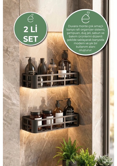 2 Li Yapışkanlı Banyo Rafı Şampuanlık Sabunluk Siyah Metal Duş Rafı Organizer Seti