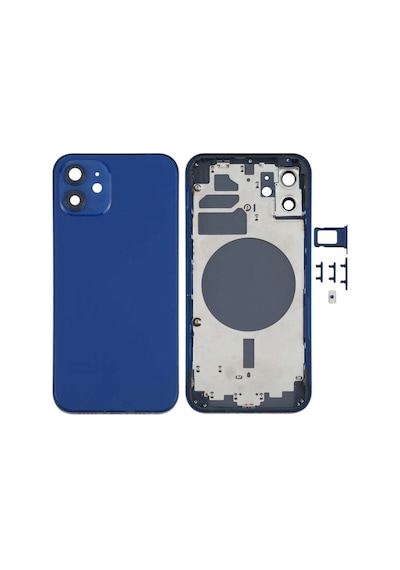 Apple Uyumlu iPhone 12 Kasa Boş Sim Kart Tepsili Yan Tuşlu Kamera Lensli Arka Muhafaza Kapağı Mavi