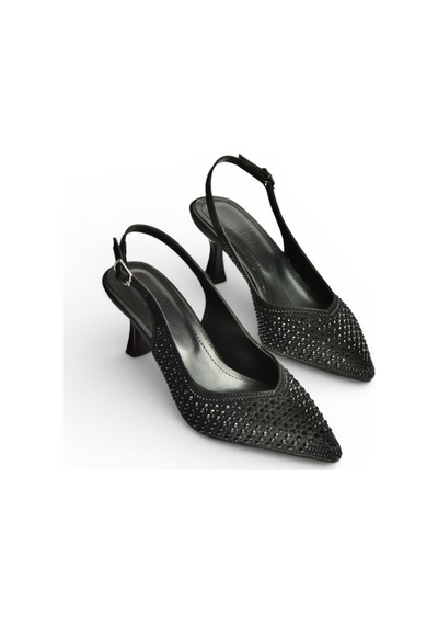 Fox Shoes Y676198104 Siyah Kumaş Taşlı Alçak Topuklu Kadın Abiye Ayakkabı