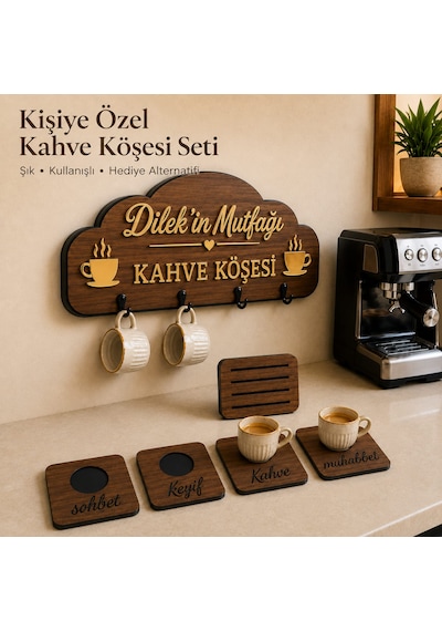 İsme Özel Ahşap Mutfak Kahve Köşesi Tabela Duvar Dekor Askılık Seti - Gold Pleksi Yazılı Fıncan Kupa Askısı, 4 Lü Fıncan Altlığı Ve Damlalık -