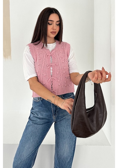 Noa & Noa Kadın Ponponlu Bağlamalı Triko Süveter Dokulu & Romantik Stil Pembe