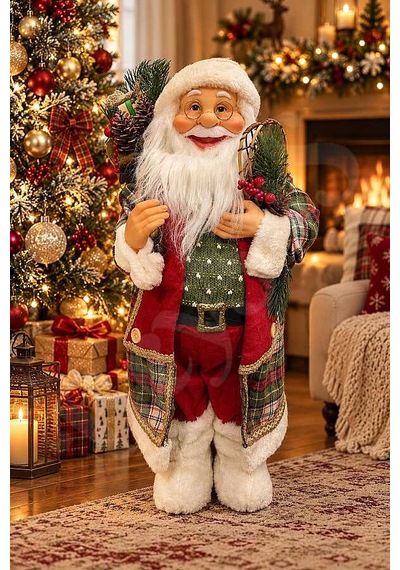 Kozalaklı Kokina Detaylı Dekoratif Noel Baba 60 Cm