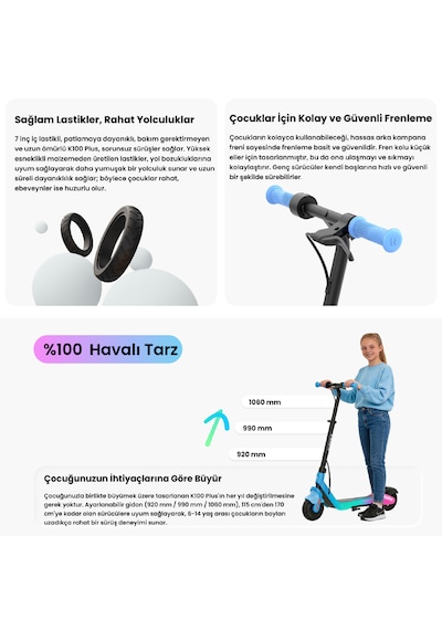 K100 Plus Ayarlanabilir Gidonlu Çocuk Elektrikli Scooter 160w Güç 11 Km Menzil Mavi