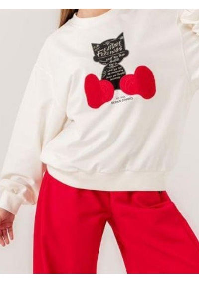 Kız Çocuk Kedi Baskılı Tasarım 2 İplik Sweatshirt-14214 Ekru