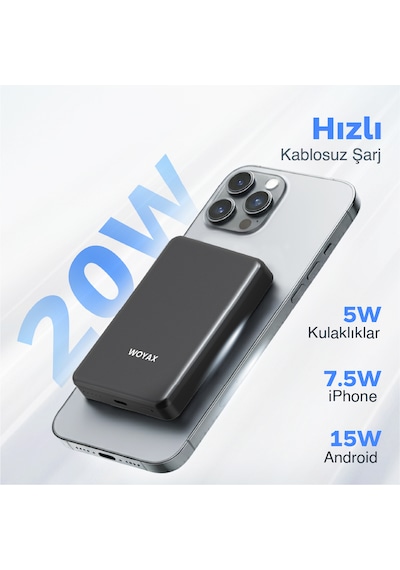 Woyax All In Magsafe Powerbank 10.000mah 20w Hızlı Taşınabilir Şarj Cihazı Saat Kulaklık Apple Uyumlu iPhone Android Siyah