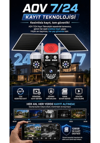3 Kameralı Wifi 9mp Çift Solar Panelli Sürekli Kayıt Teknolojili Gece Görüşlü Güvenlik Kamerası