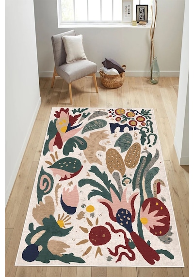 Modern Çiçekli Soyut Sanat Tasarımlı Dijital Baskılı Yıkanabilir Kaymaz Taban Salon Halısı Yolluk Çok Renkli