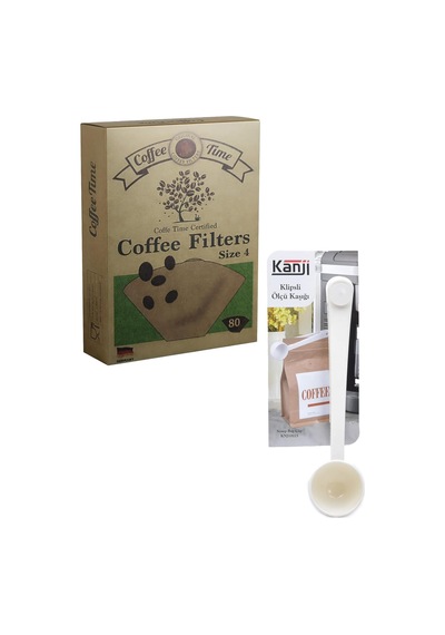 Time Filtre Kahve Kağıdı 1/4 4 Numara 80'li Paket + Kanji Klipsli Çay Kahve Ölçü Kaşığı - Beyaz S
