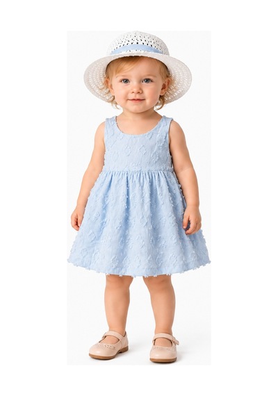 Chicsy Baby Kız Bebek Kabartma Desenli Elbise Şapkalı Yazlık Elbise Sırt Fiyonk Detaylı Pamuklu 2 Parça Bebek Takımı Mavi