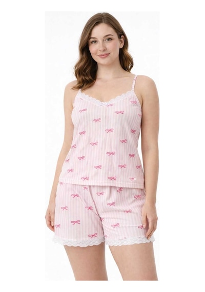 Tenra Kadın Pembe Çizgili Fiyonk Desenli İp Askılı Şortlu Pijama Takımı Dantel Detaylı