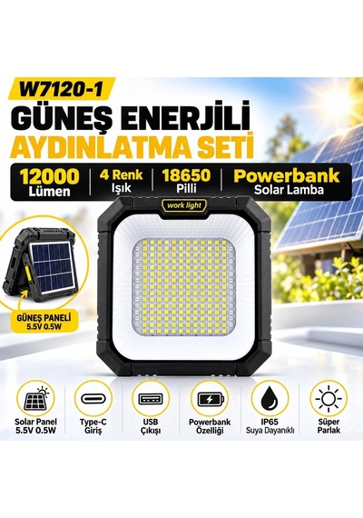 W7120-1 Güneş Enerjili Solar Aydınlatma Seti 12000 Lümen Sarı-be