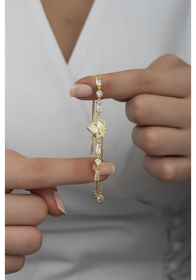 Nereze 925 Ayar Gümüş Asansörlü Baget Taşlı Gold Çınar Yaprağı Bileklik