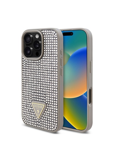 Apple Uyumlu iPhone 16 Pro Max Kılıf Guess Lisanslı Üçgen Logolu Taşlı Kapak Gümüş