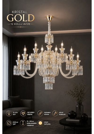 Modern Premium Şık Detaylı Klasik 12'li Gold Avize E14 Duylu Lüks Salon Avizesi Aydınlatma