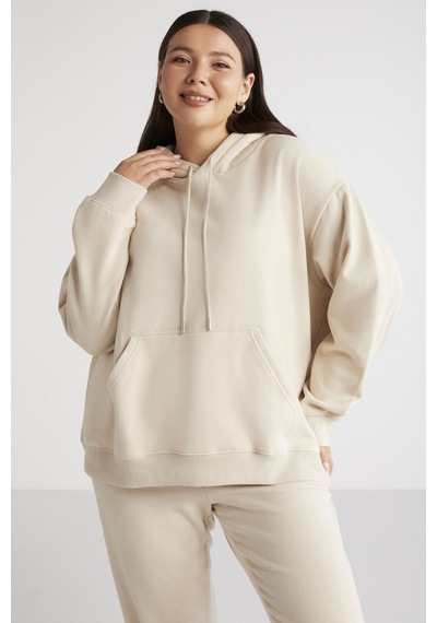 ETHIQUET TEREZABB Kadın Içi Polarlı Yumuşacık Comfort Fit Kapüşonlu Kanguru Cep Bej Büyük Beden Sweatshirt