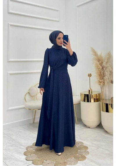 Neşeli Butik Kadın Bağlama Detaylı Jakarlı Tesettür Elbise Nms044 Saks