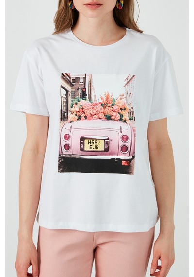 Unisex Örme Oversize Pink Woswos Basklı Beyaz T-shirt. Beyaz
