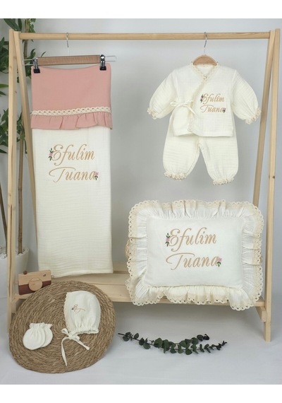 Gros Shop Müslin Yeni Doğan 4katlı Organik %100pamuk Kişiye Özgü Nakışlı Hastane Çıkış Seti Papatya Model-6 Ekru-1