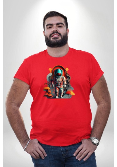 Angemiel Astronot Yapay Zeka Yürüyüş Kırmızı Büyük Beden Erkek Kadın Unisex Basic Ön Baskılı Tişört Kırmızı