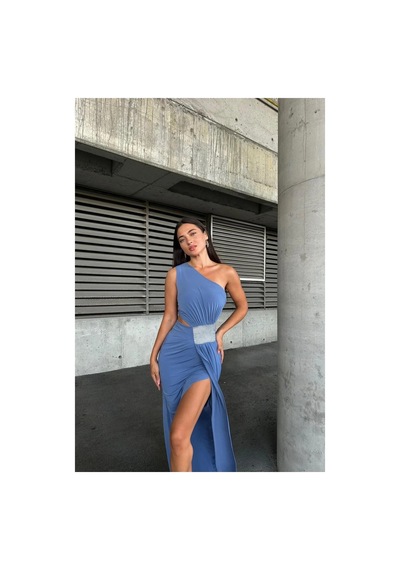 Euro Class Kadın El Emeği Sandy Kumaş Tek Omuz Balık Kesim Abiye Elbise İndigo